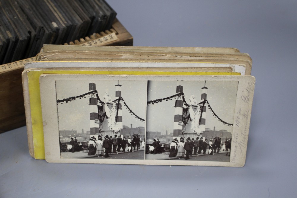 A collection of Magic Lantern slides, mostly text, a group of stereographic cards and three camera backplates